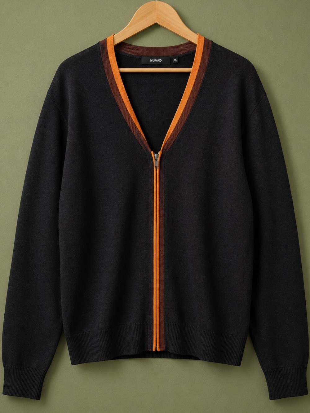 Murano Black Zipper Cardigan with Orange and Brown Lining